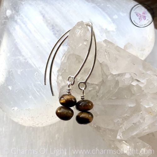 Golden Tiger Eye Rondelle Silver Angled Earrings